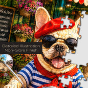 French Bulldog Paris Cafe Red Scooter puzzle: french bulldog face and interlocking pieces close-up