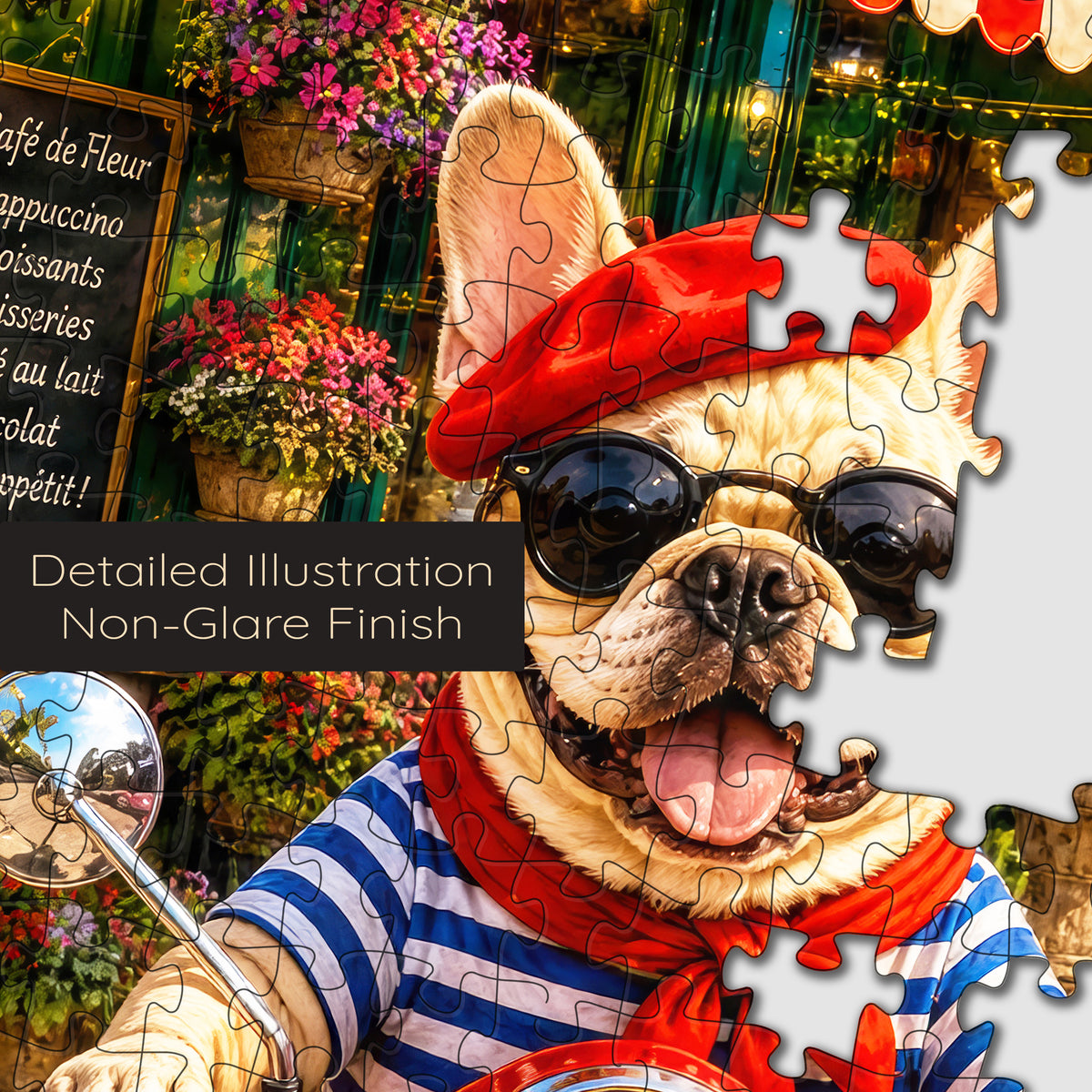 French Bulldog Paris Cafe Red Scooter puzzle: french bulldog face and interlocking pieces close-up