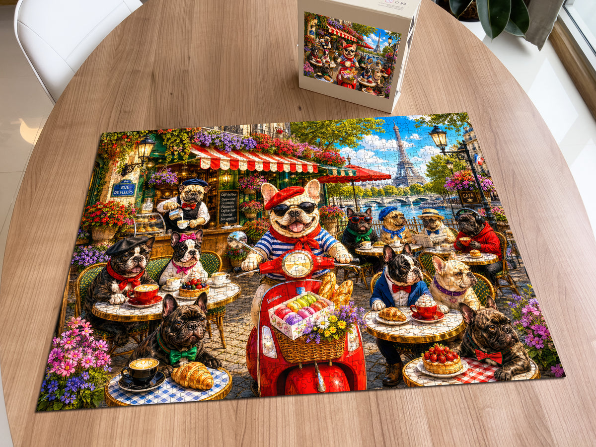 French Bulldog Paris Cafe Red Scooter puzzle: completed puzzle on a wooden table beside its box